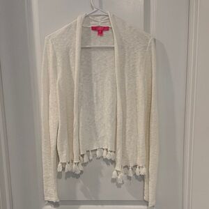 Lilly Pulitzer Lightweight White Open-Front Women's Sweater with Tassel Hem Smal